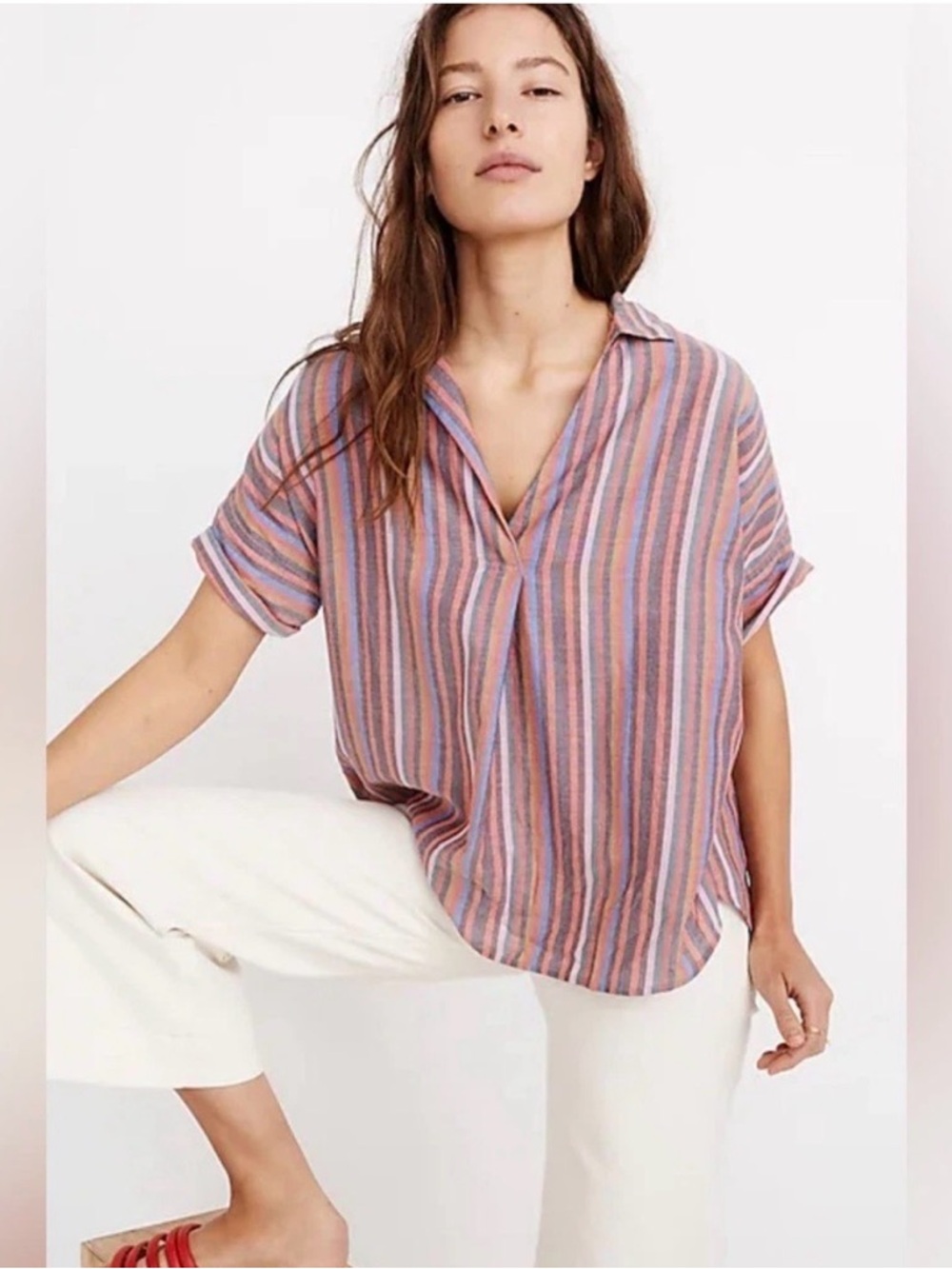Madewell Courier striped Short-Sleeve V-Neck Blouse in Rose Multi
